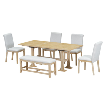 Natural Solid Wood Extendable Dining Set with Bench Seating - 6 Piece