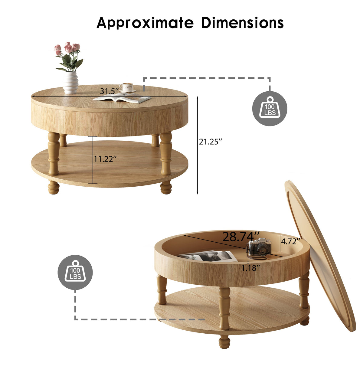 Coffee Table with Dual Storage - Natural Wood, 31.5" Round