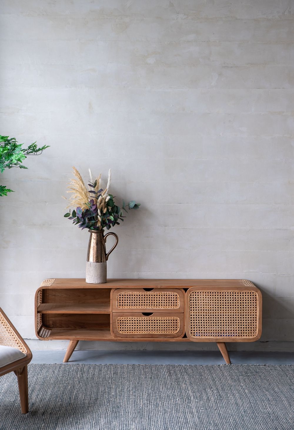 Teak TV Stand with Rattan Panels - Natural Wood / Brown