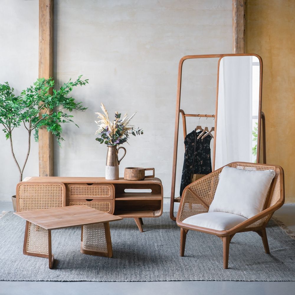 Teak Leisure Chair with Rattan Cane Back - Natural Wood / Brown