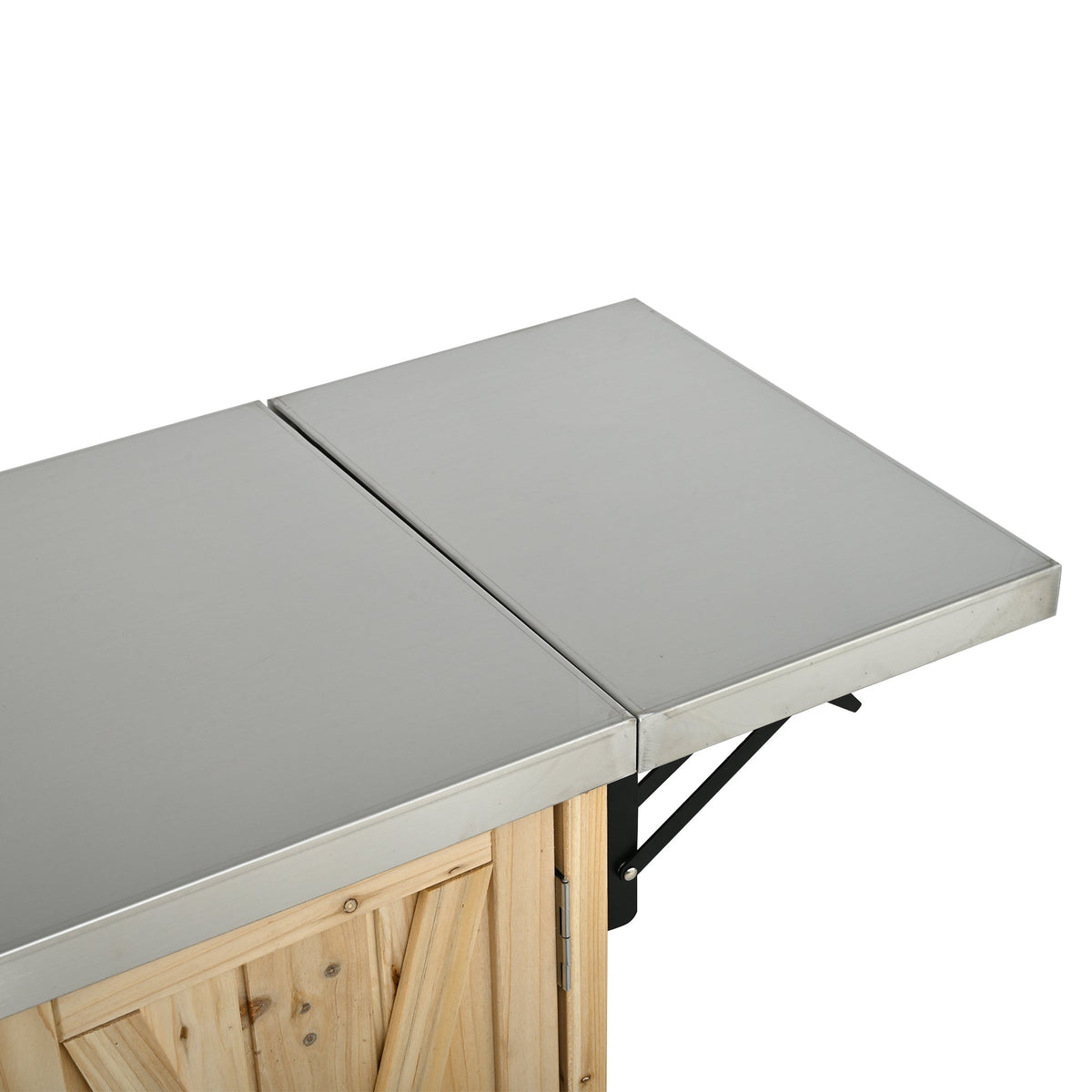 Foldable Outdoor Kitchen Island with Stainless Steel Top and Storage - Natural Fir Wood