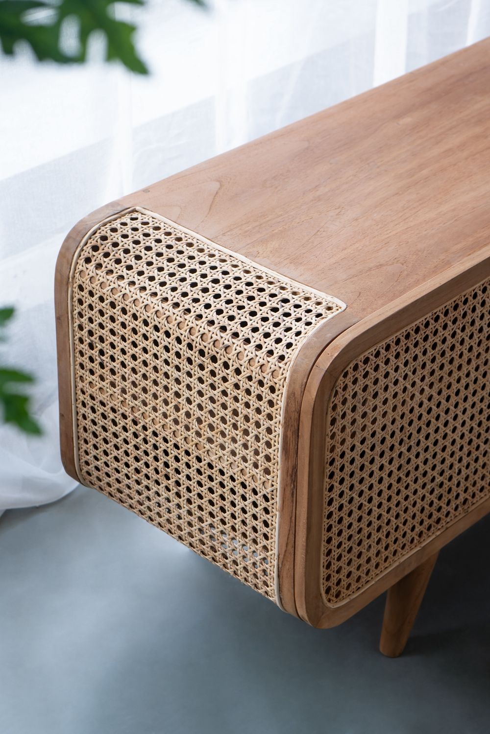 Teak TV Stand with Rattan Panels - Natural Wood / Brown