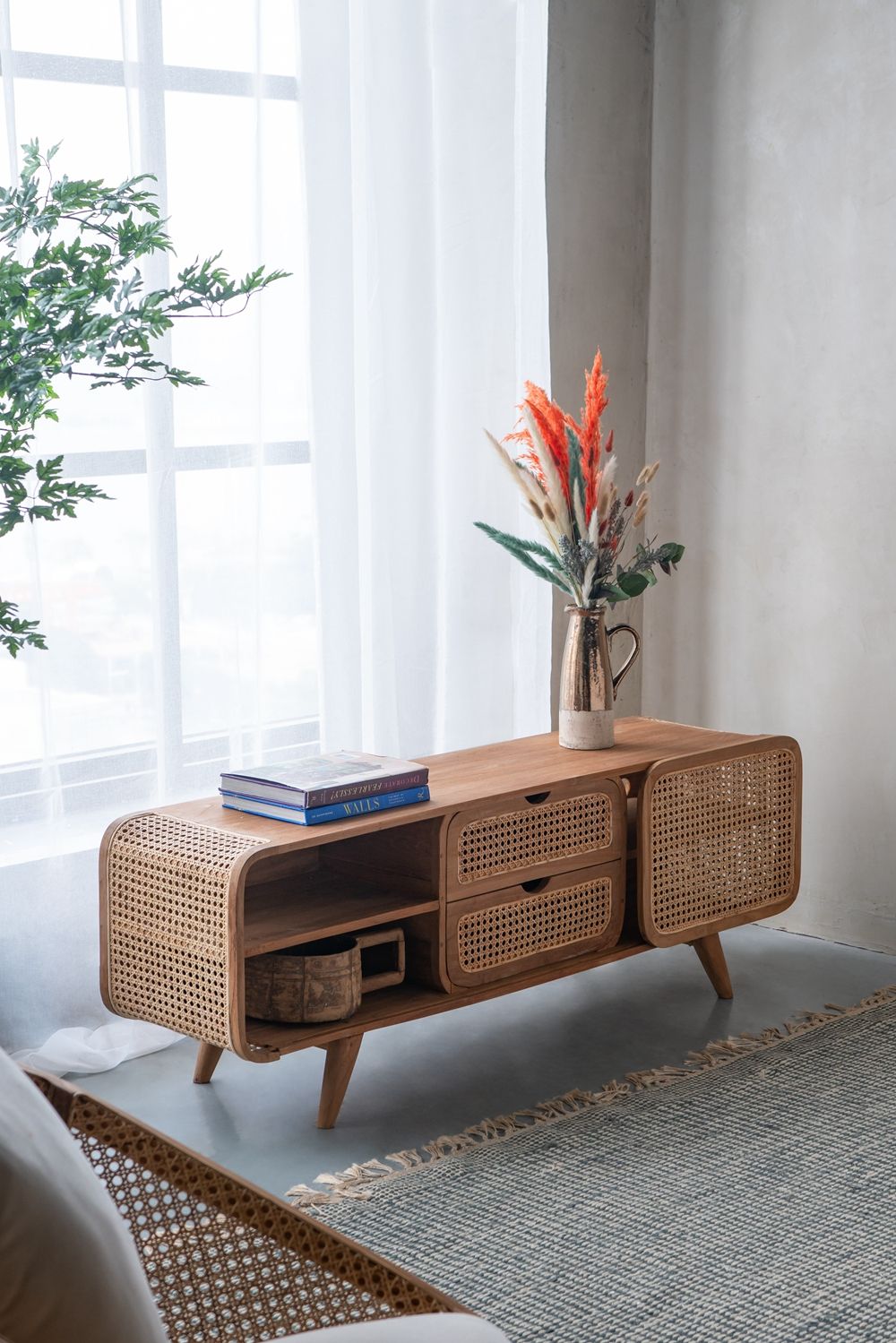Teak TV Stand with Rattan Panels - Natural Wood / Brown