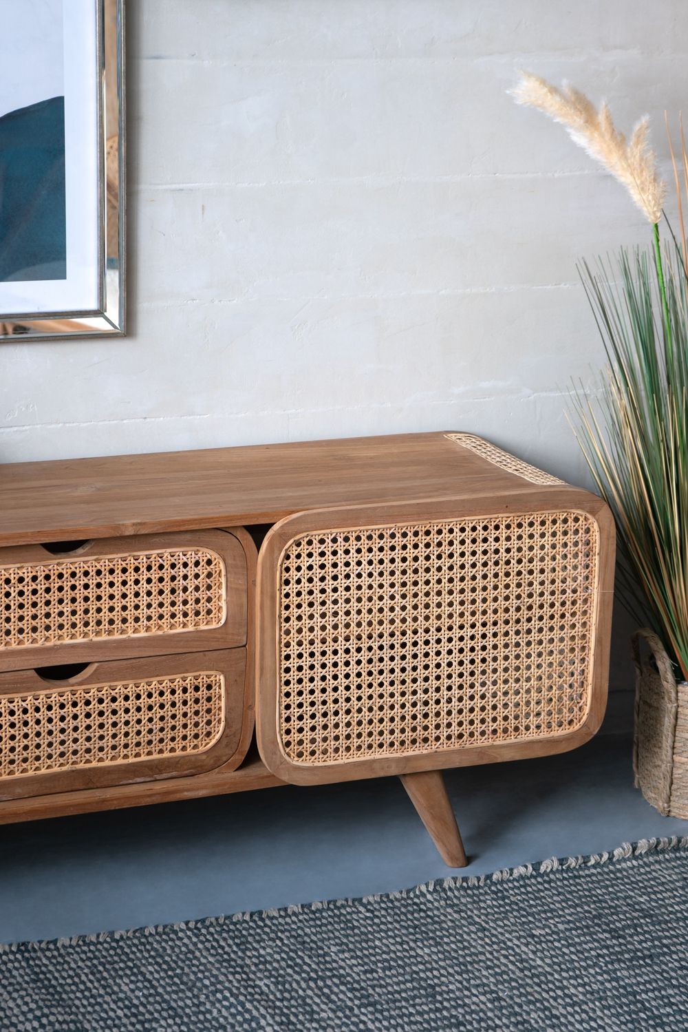 Teak TV Stand with Rattan Panels - Natural Wood / Brown