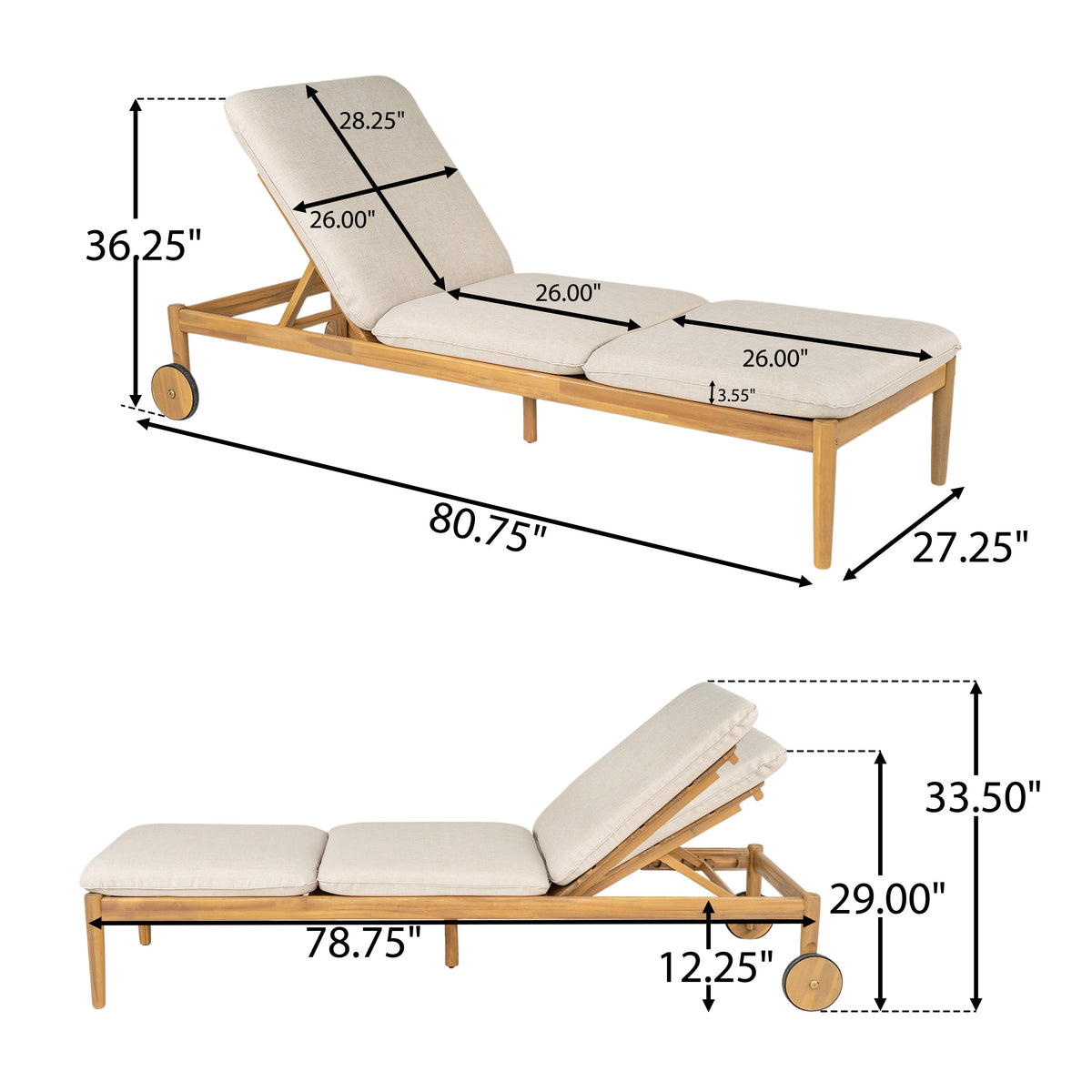 Riviera Outdoor Chaise Lounge with Wheels, Acacia Wood Frame (Set of 2)