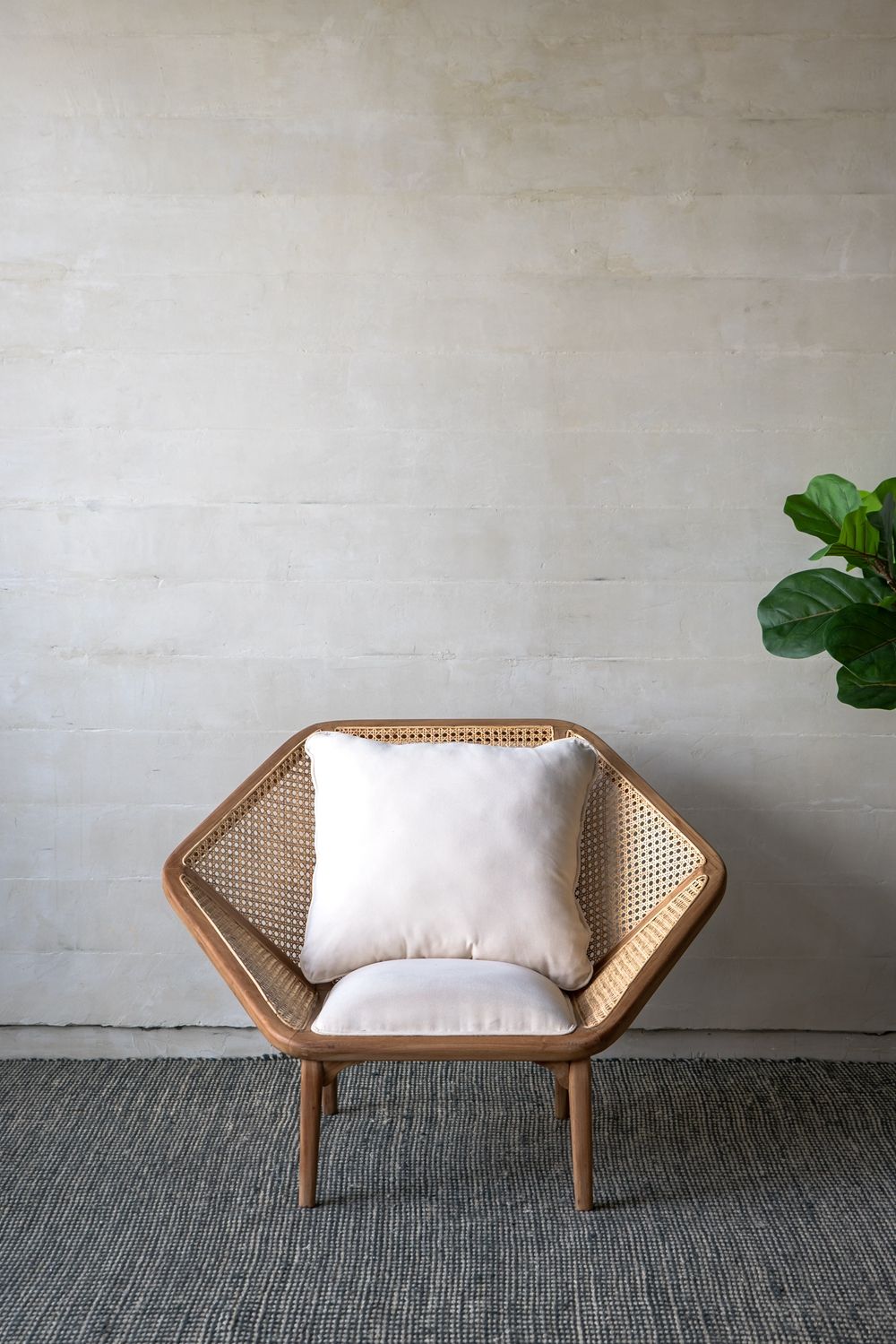Teak Leisure Chair with Rattan Cane Back - Natural Wood / Brown