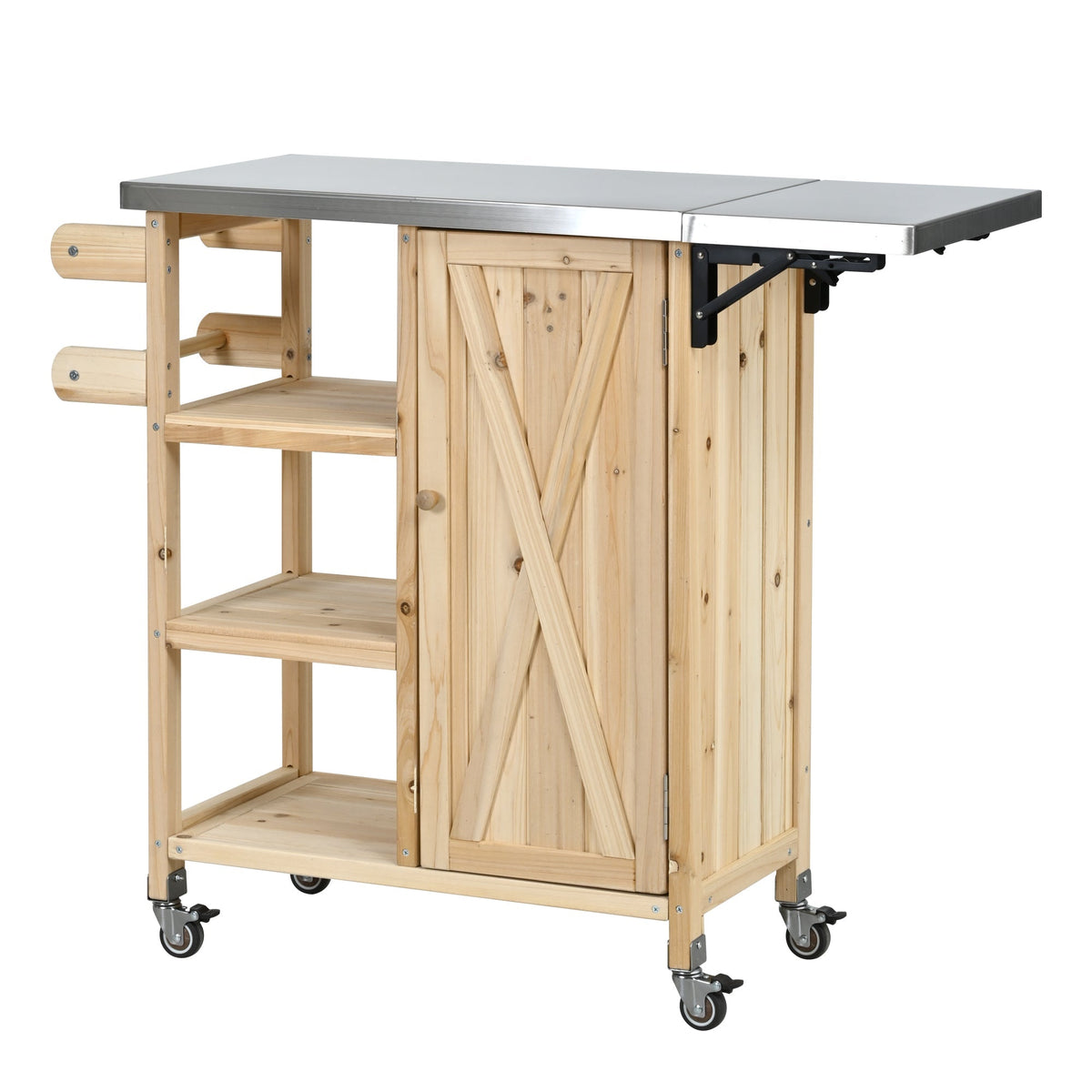 Foldable Outdoor Kitchen Island with Stainless Steel Top and Storage - Natural Fir Wood