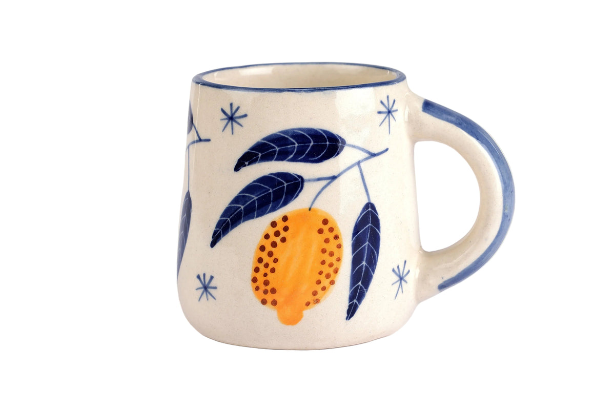 Yellow Lemon Coffee Mug | Handpainted Stoneware | 250ml (Set of 2)
