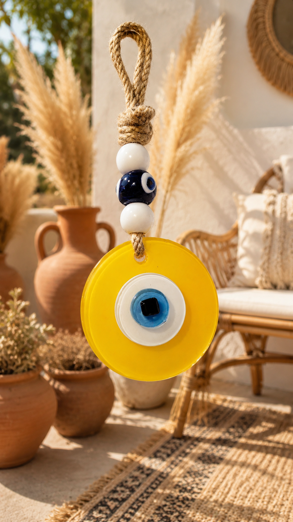 Evil Eye Wall Hanging - Handmade Glass Home Decor, Matte Yello Fusion 7 Inch