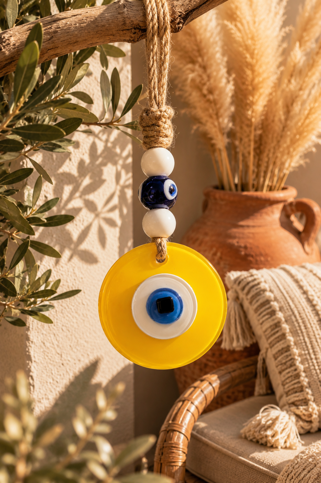 Evil Eye Wall Hanging - Handmade Glass Home Decor, Matte Yello Fusion 7 Inch
