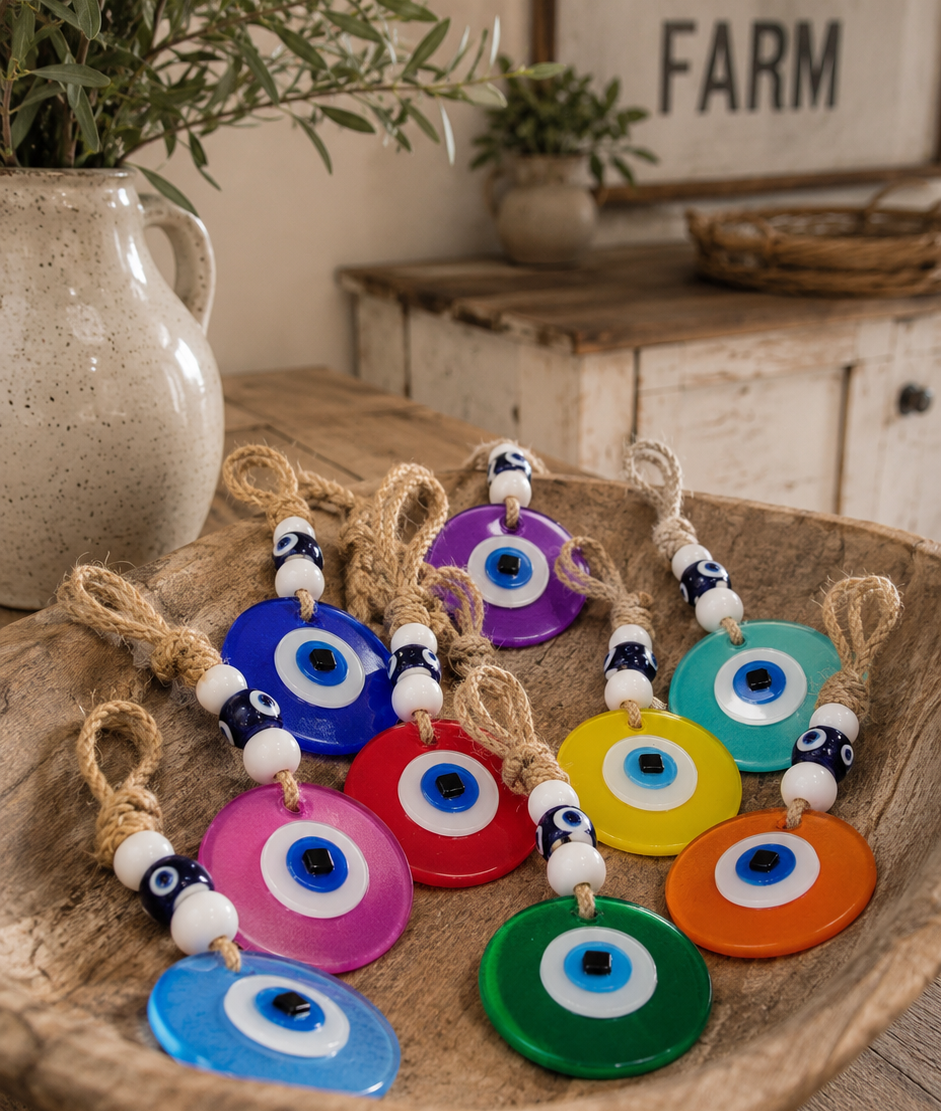 Evil Eye Wall Hanging - Handmade Glass Home Decor, Matte Yello Fusion 7 Inch