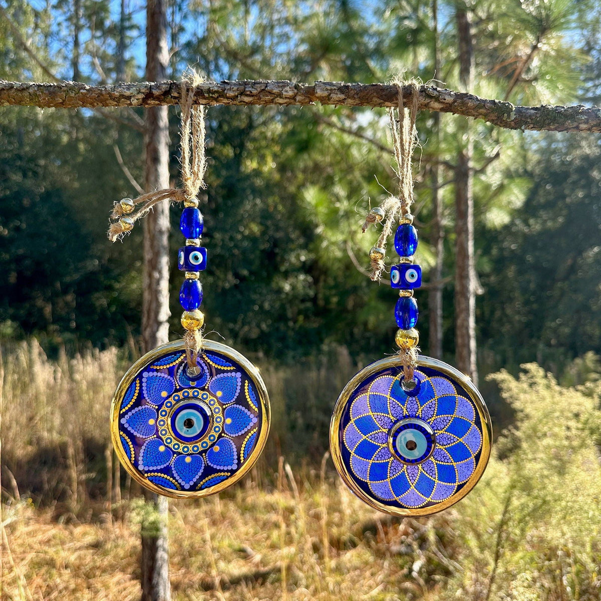 Dual Layer Gold Trim Wall Hanging Evil Eye Nazar Boncuk Mal De Ojo, Modern Boho Style Home Decor -- Dot Art Mandala