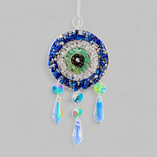 Handmade Evil Eye Nazar Boncuk Pendant with Hanging Prism Crystals for Rearview Mirror Hanging or Wall Hanging Lapis Lazuli, Crystal, Apatite