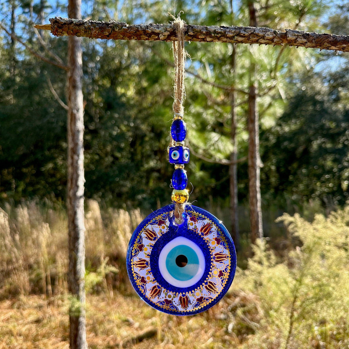 Gold Trim Wall Hanging Evil Eye Nazar Boncuk Mal De Ojo, Modern Boho Style Home Decor -- Golden Tulip Mandala -- Red or Turquoise