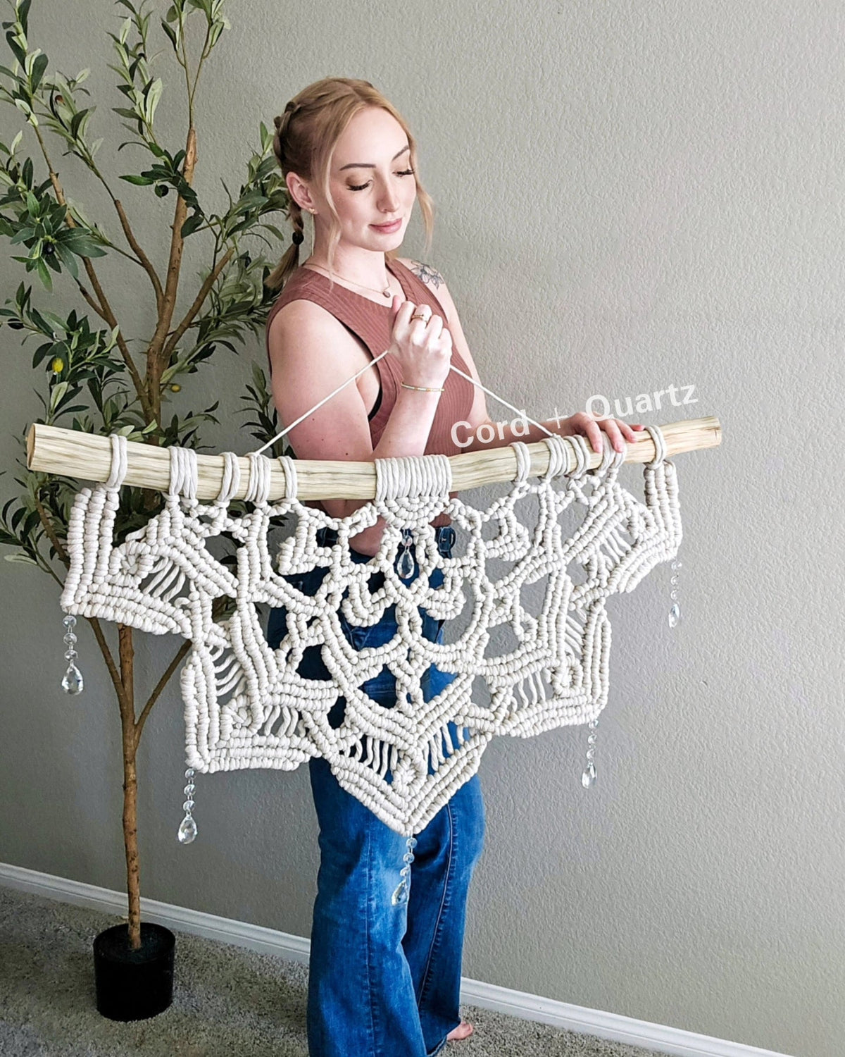 3 foot Large half mandala macramé wall hanging with hanging crystal drops.