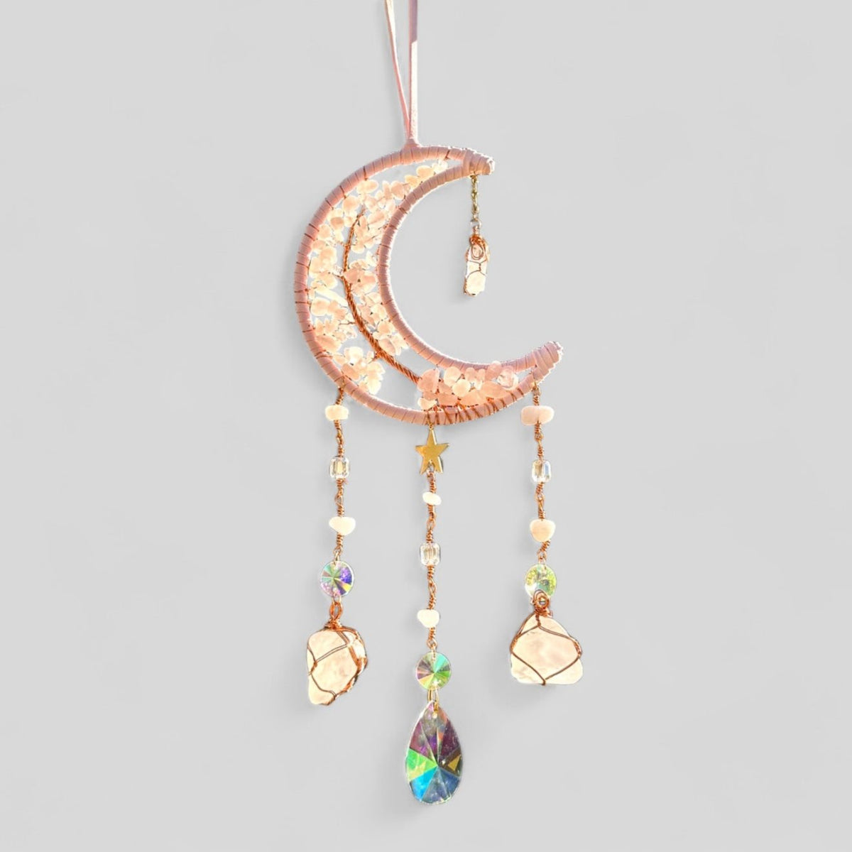 Pink Crescent Moon Dreamcatcher Suncatcher with Hanging Rose Quartz Charm -- Window Hanging or Wall Hanging