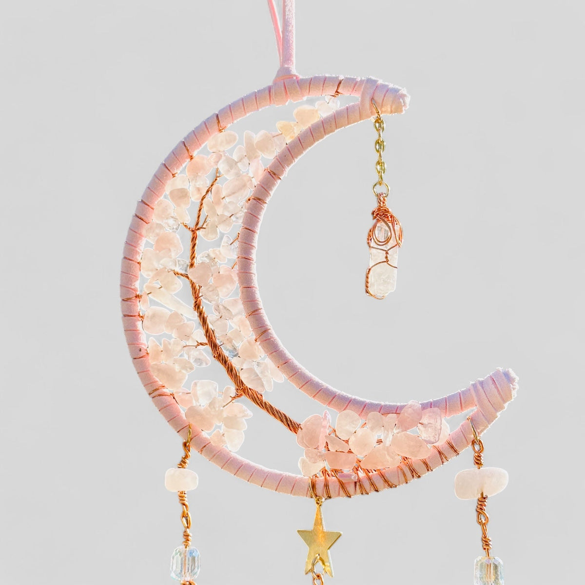 Pink Crescent Moon Dreamcatcher Suncatcher with Hanging Rose Quartz Charm -- Window Hanging or Wall Hanging