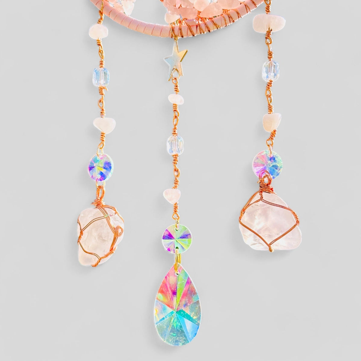 Pink Crescent Moon Dreamcatcher Suncatcher with Hanging Rose Quartz Charm -- Window Hanging or Wall Hanging