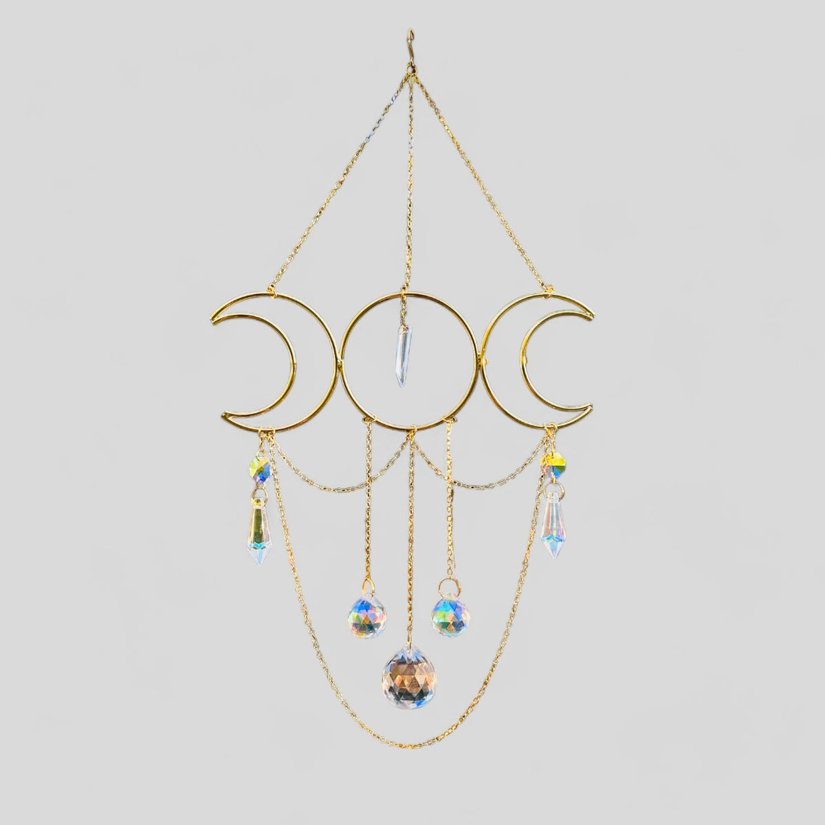 Gold Metal Moon Phases Suncatcher with Hanging Jewel Charms -- Window Hanging or Wall Hanging