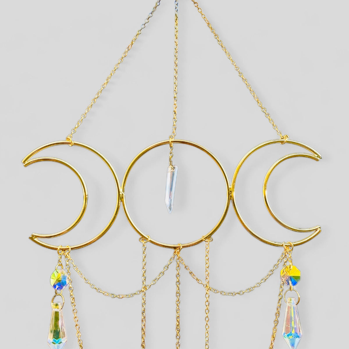 Gold Metal Moon Phases Suncatcher with Hanging Jewel Charms -- Window Hanging or Wall Hanging