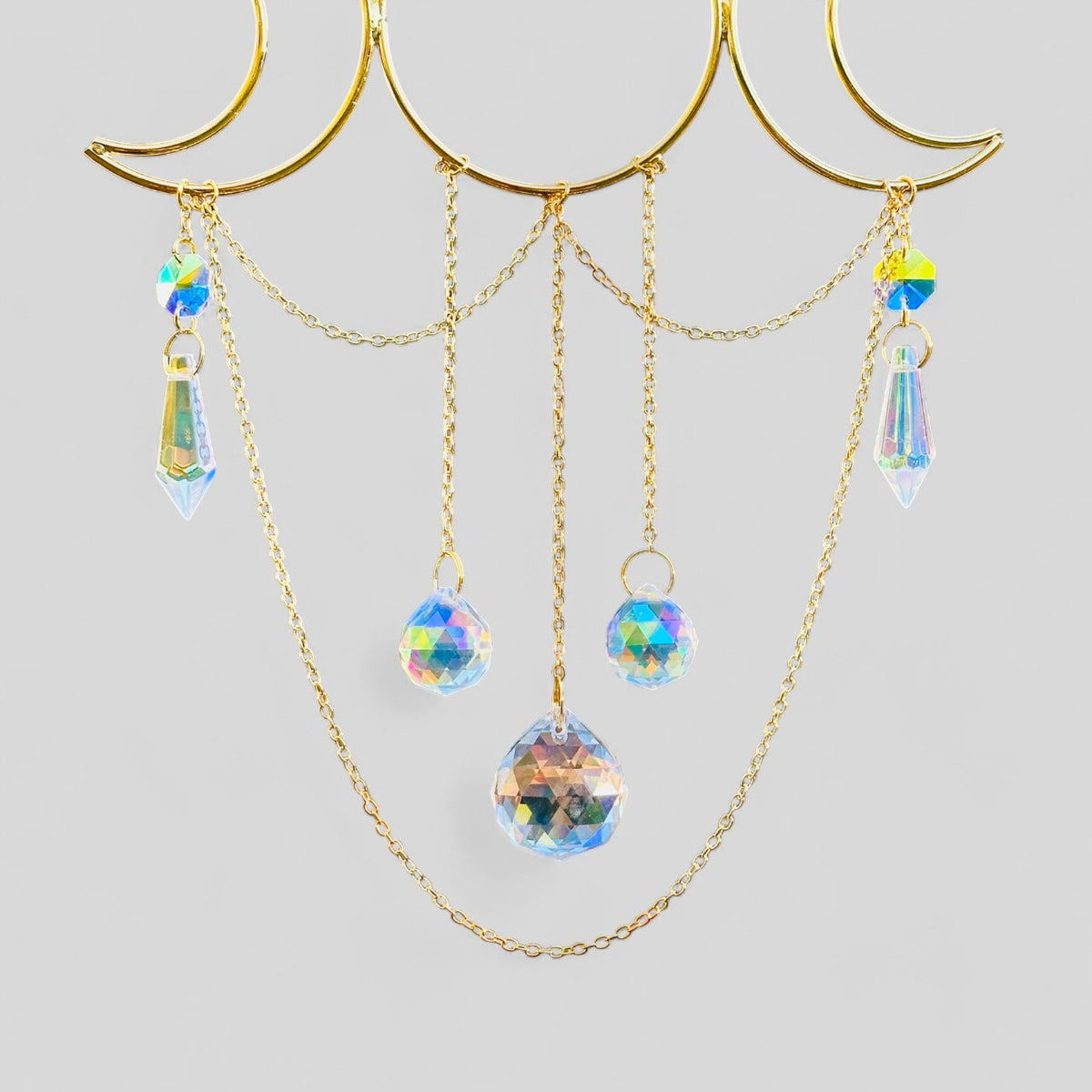 Gold Metal Moon Phases Suncatcher with Hanging Jewel Charms -- Window Hanging or Wall Hanging