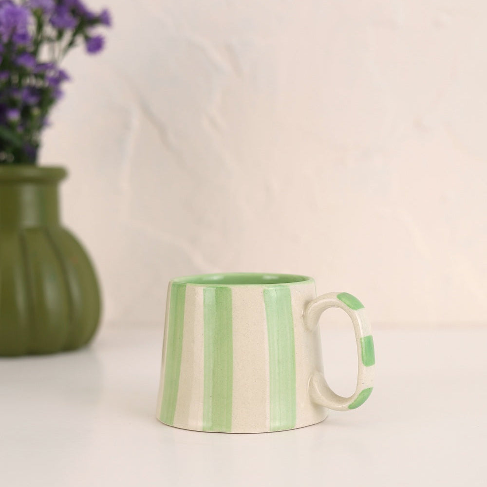Green Stripe Coffee Cup | Handpainted Stoneware Mug | 220ml (Set of 2)