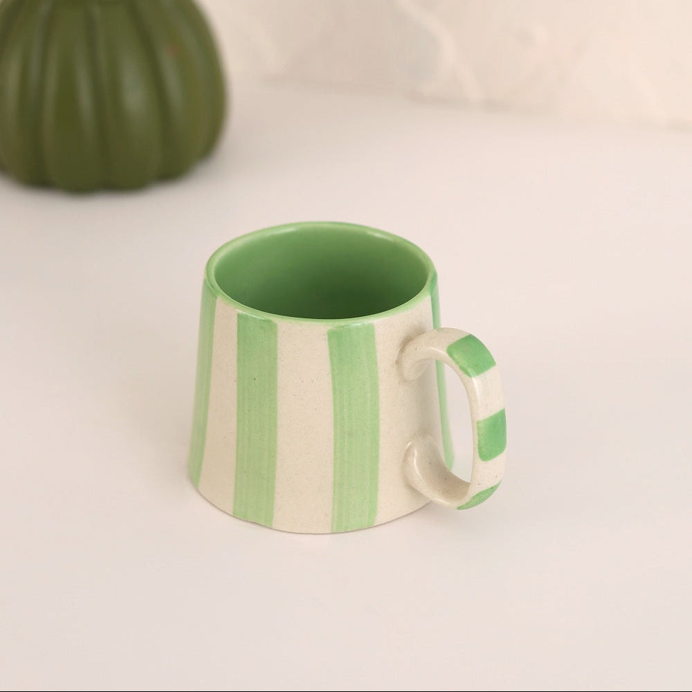 Green Stripe Coffee Cup | Handpainted Stoneware Mug | 220ml (Set of 2)