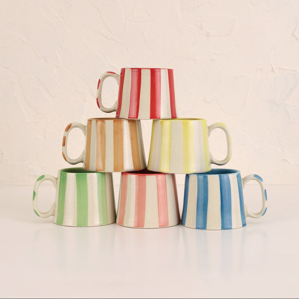 Green Stripe Coffee Cup | Handpainted Stoneware Mug | 220ml (Set of 2)