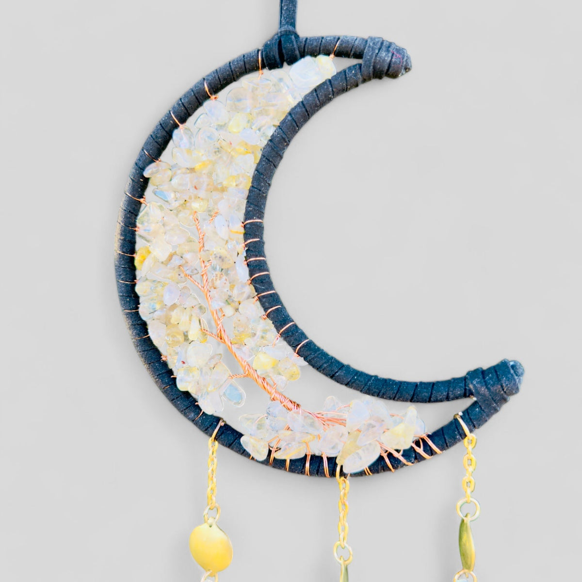 Black Crescent Moon Dreamcatcher Suncatcher with Hanging Jewel Charms -- Window Hanging or Wall Hanging