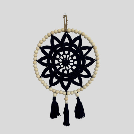 10" Handmade Wood Bead Frame Macrame Dreamcatcher - Nursery and Kid's Room Decor -- Black