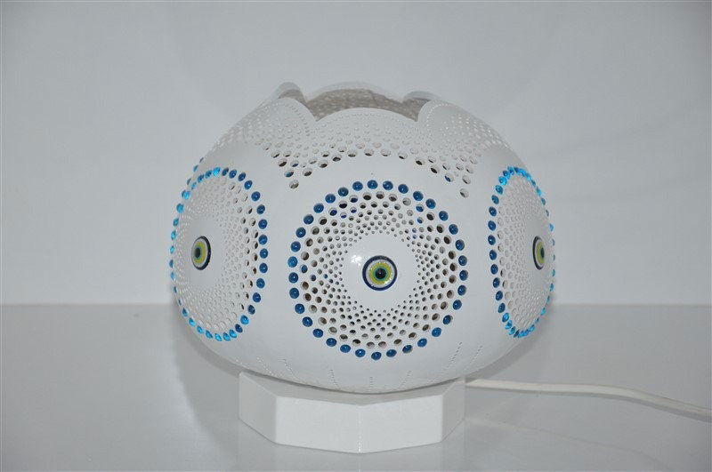 Turkish Moroccan Mosaic Lamp Light - Turkish Lamp Handcrafted Decorative Evil Eye Nazar Boncuk Design Gourd Table Lamp - Mal De Ojo - White