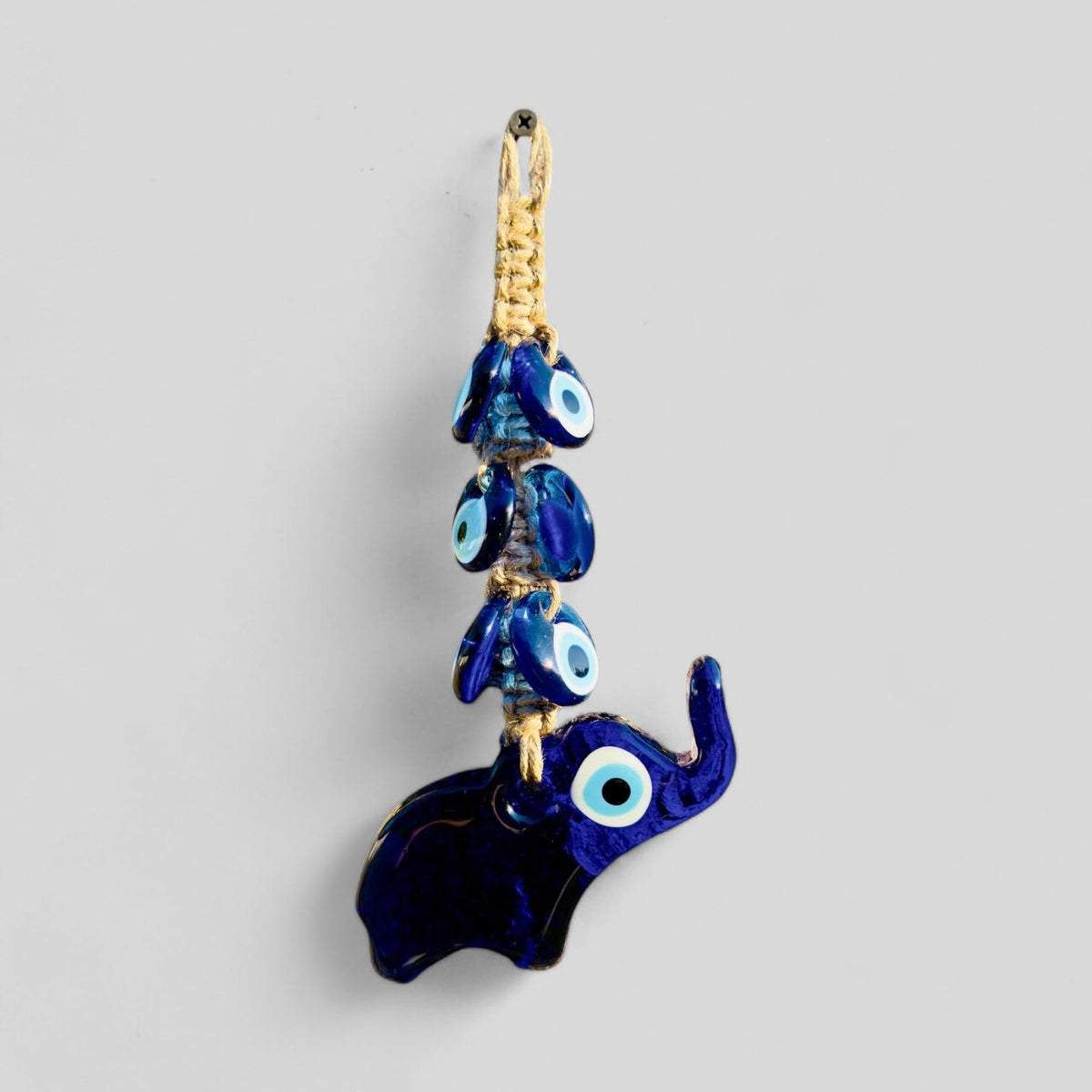 Wall Hanging Macrame Evil Eye Nazar Boncuk Mal De Ojo, Modern Boho Style Home Decor -- Elephant Amulet with 6 Evil Eyes, Housewarming Gift