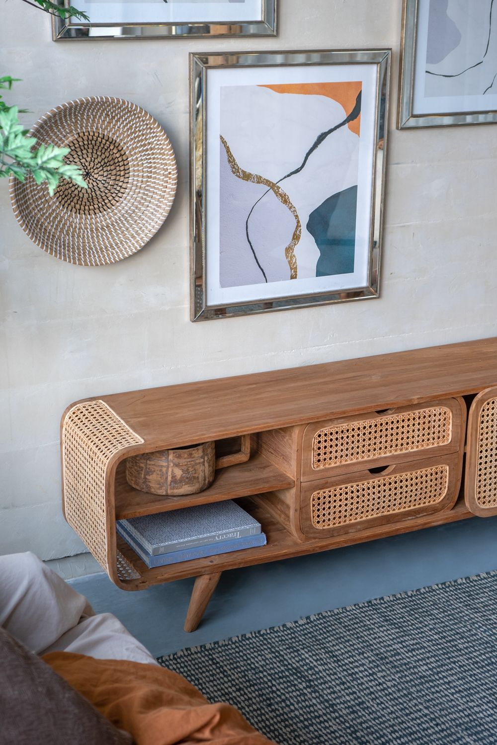 Teak TV Stand with Rattan Panels - Natural Wood / Brown
