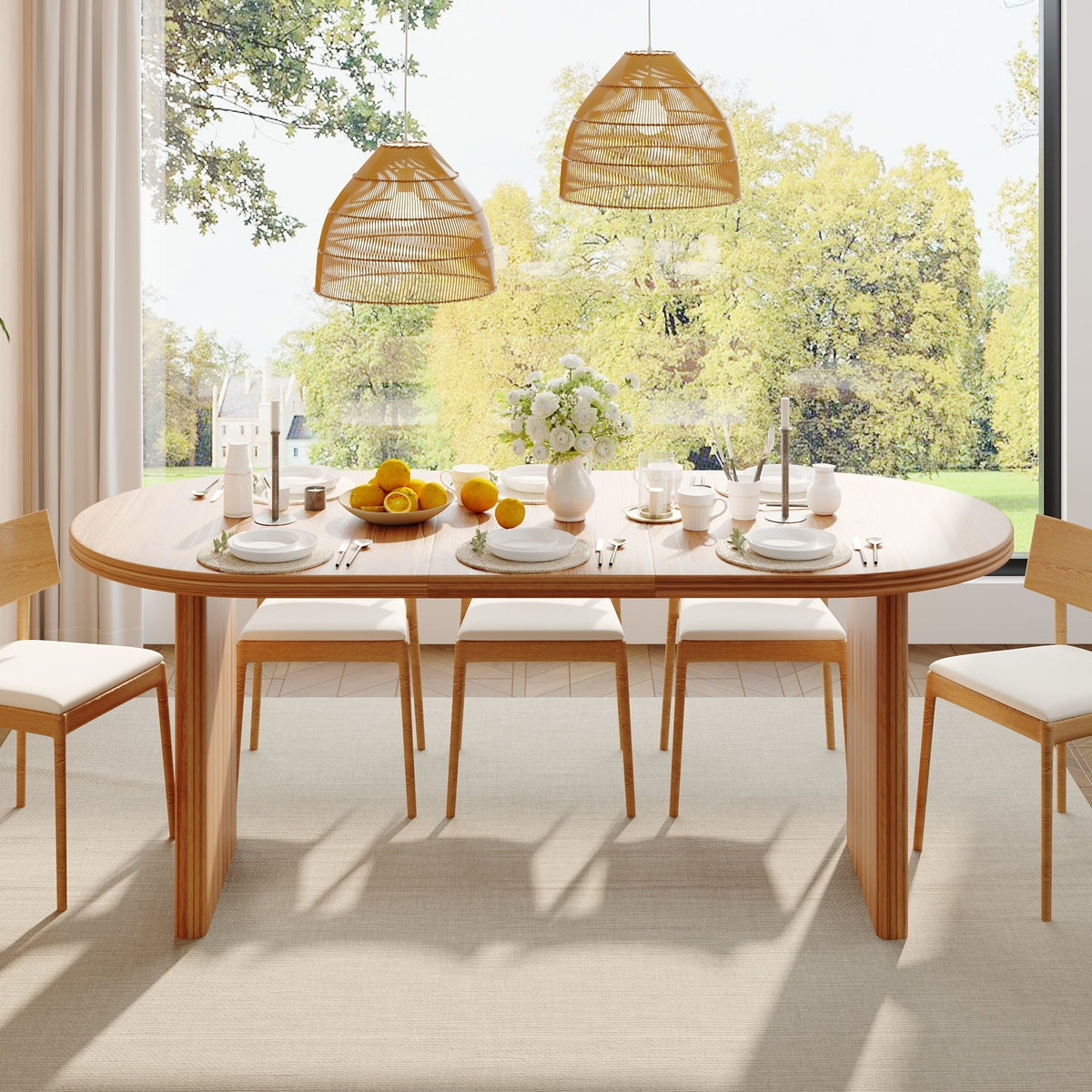 Modern Extendable Dining Table with Removable Extension Leaves - Natural Walnut