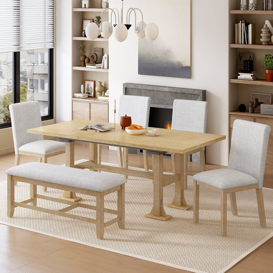 Natural Solid Wood Extendable Dining Set with Bench Seating - 6 Piece