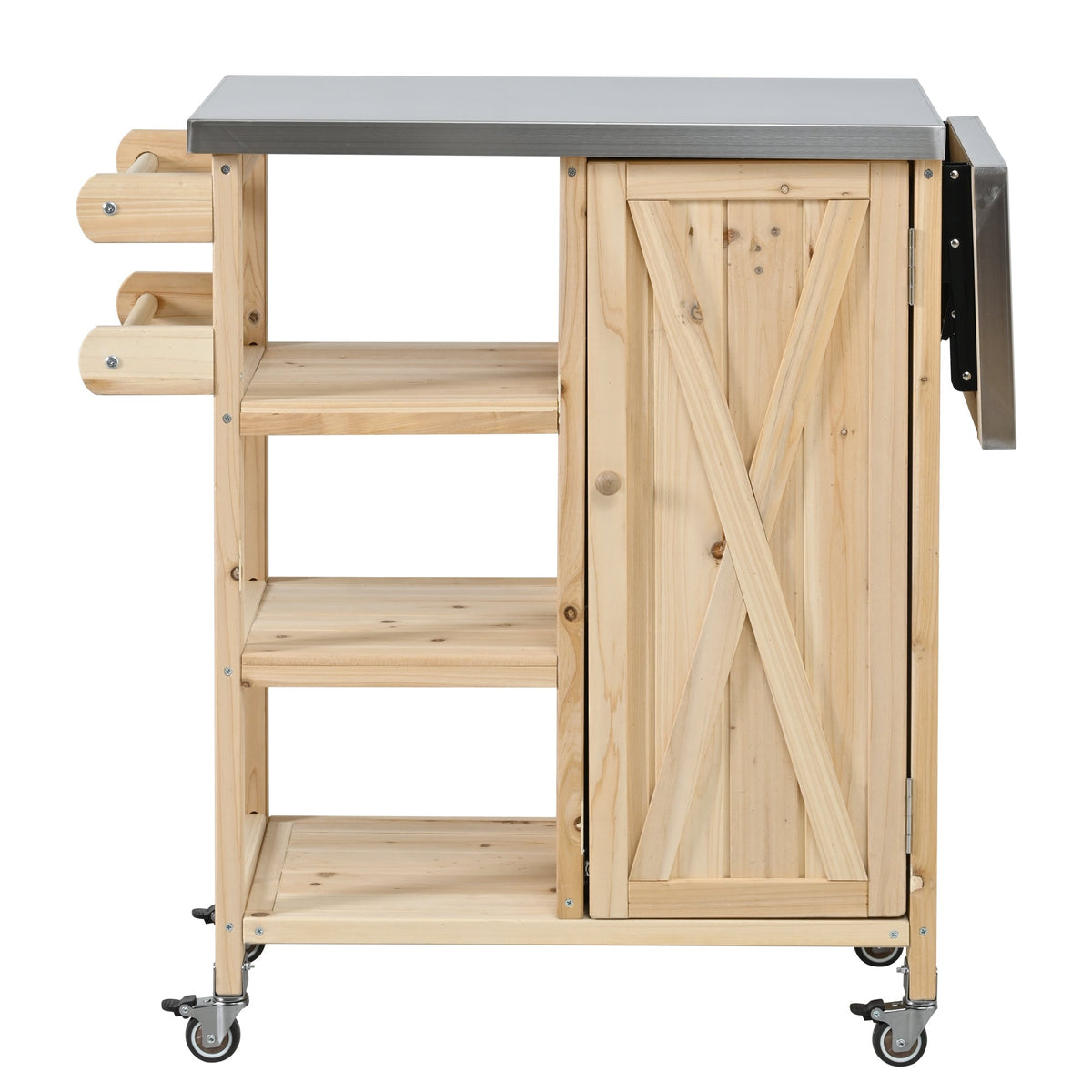 Foldable Outdoor Kitchen Island with Stainless Steel Top and Storage - Natural Fir Wood
