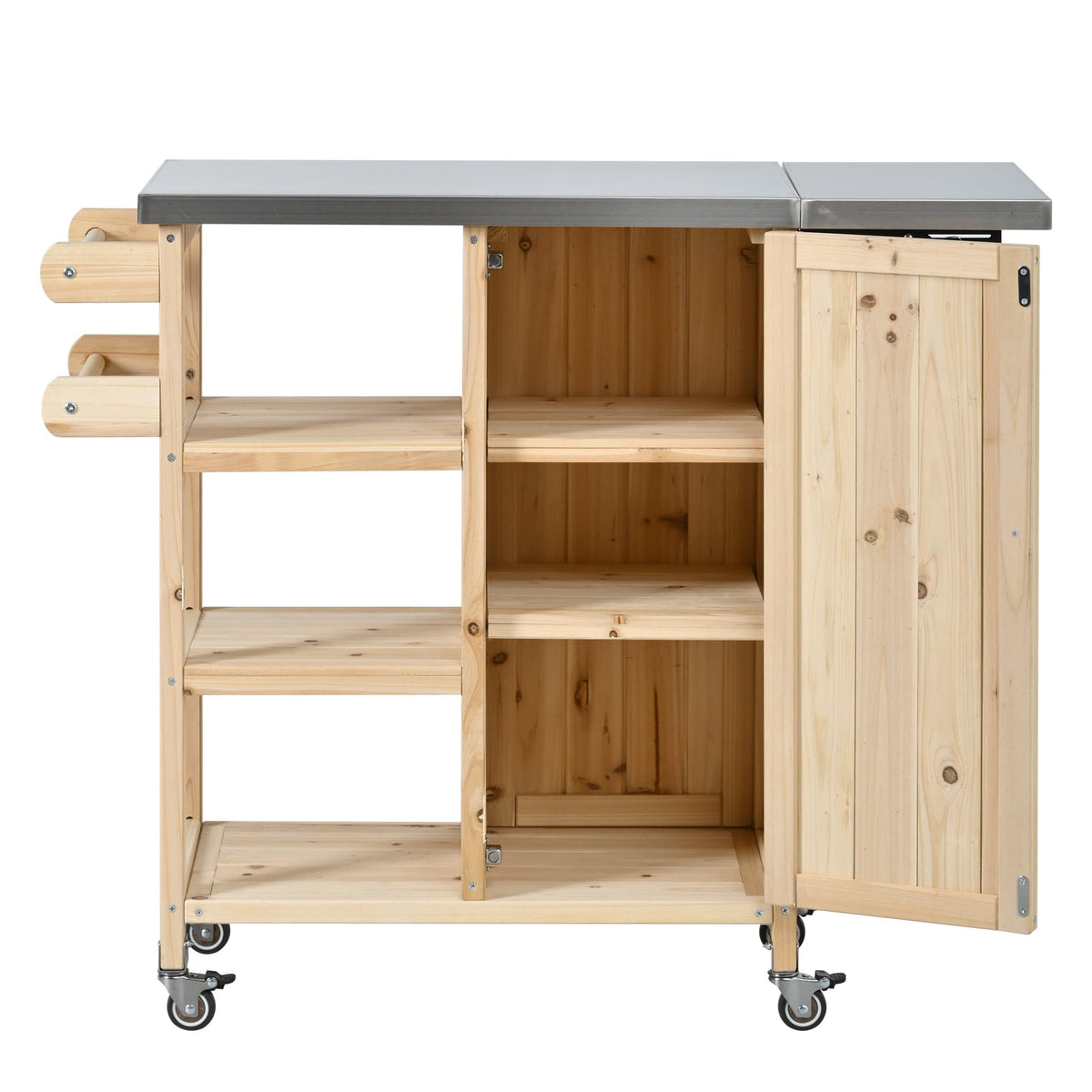 Foldable Outdoor Kitchen Island with Stainless Steel Top and Storage - Natural Fir Wood