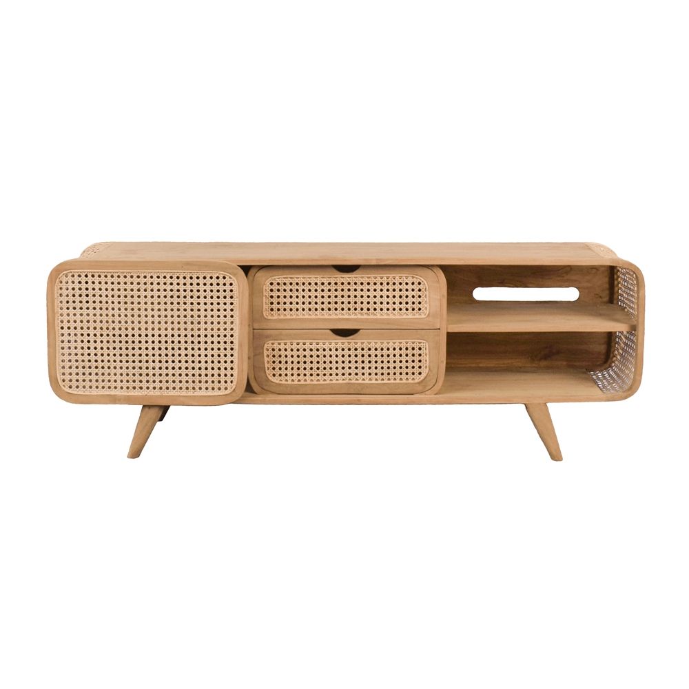 Teak TV Stand with Rattan Panels - Natural Wood / Brown