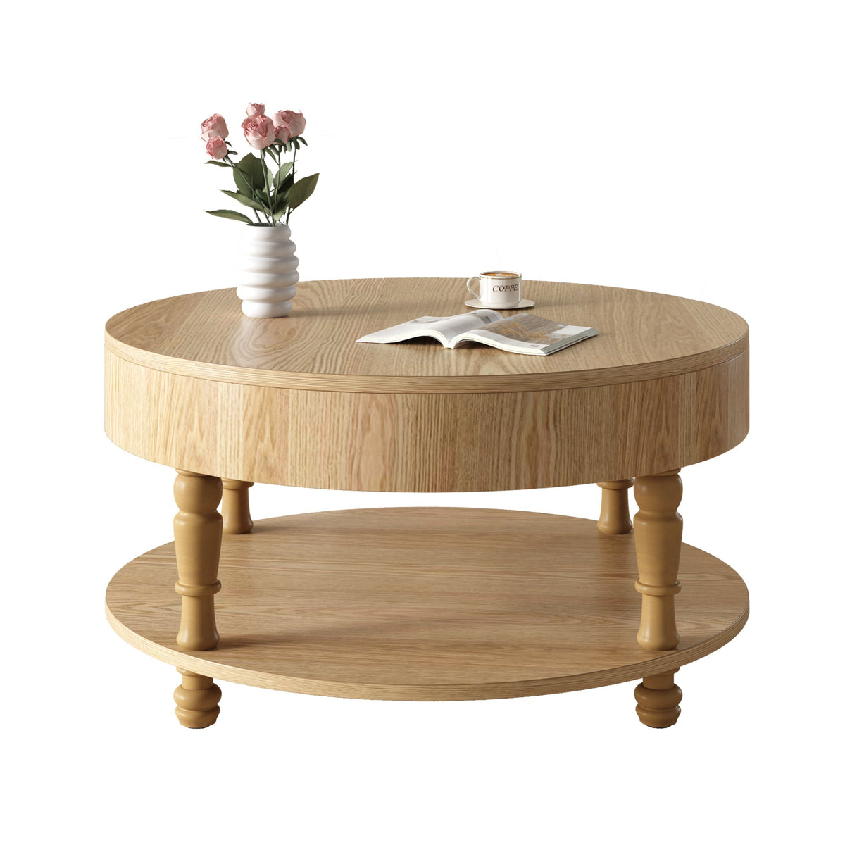 Coffee Table with Dual Storage - Natural Wood, 31.5" Round