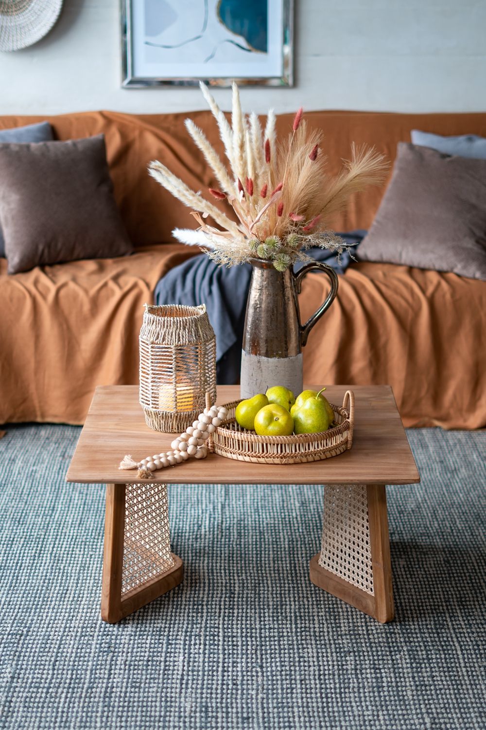 Teak Coffee Table with Teak and Rattan Construction - Natural Wood / Brown