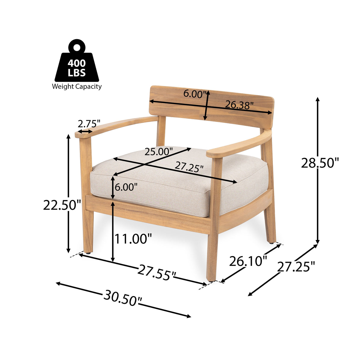 Mallorca Acacia Wood Club Chair with Seat Cushion - Outdoor