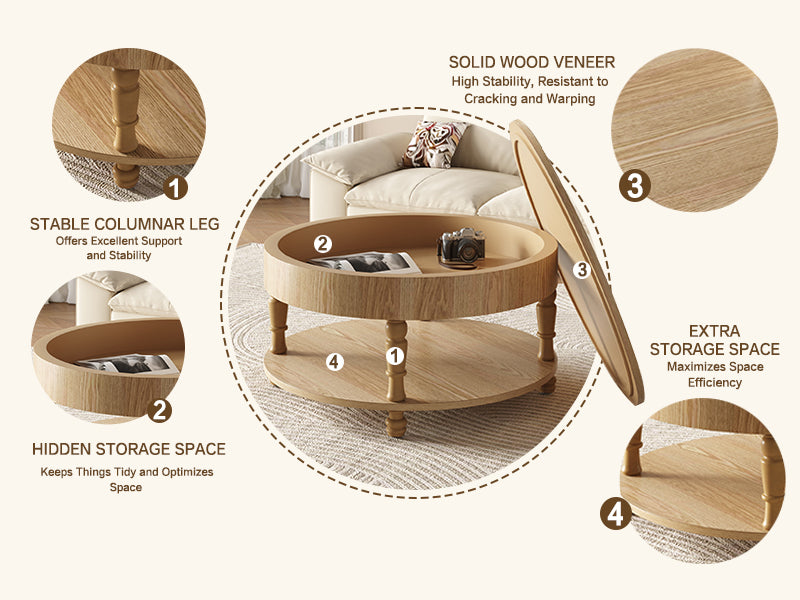 Coffee Table with Dual Storage - Natural Wood, 31.5" Round