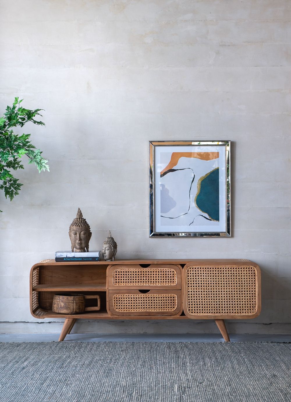 Teak TV Stand with Rattan Panels - Natural Wood / Brown