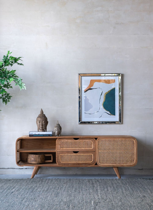 Teak TV Stand with Rattan Panels - Natural Wood / Brown