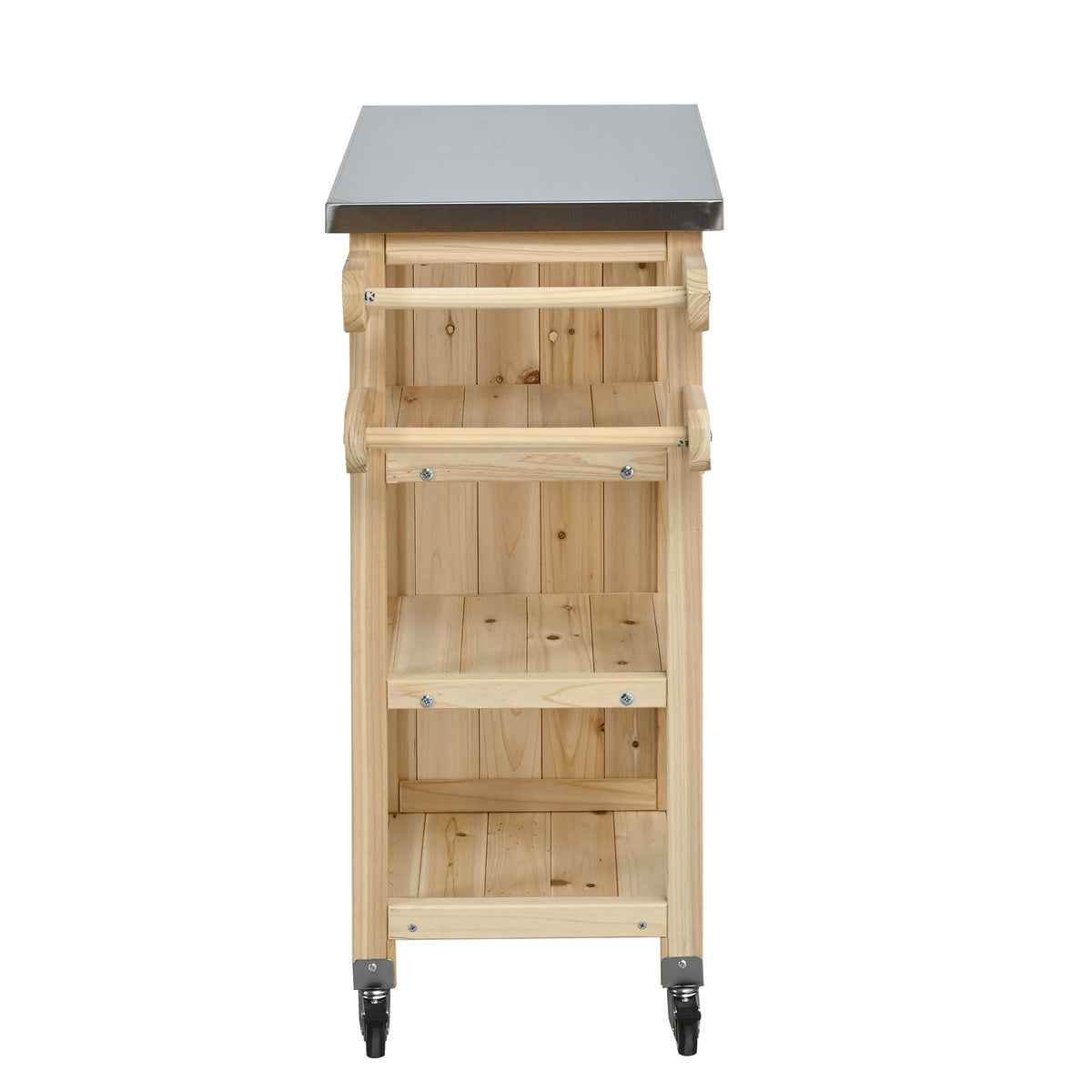 Foldable Outdoor Kitchen Island with Stainless Steel Top and Storage - Natural Fir Wood
