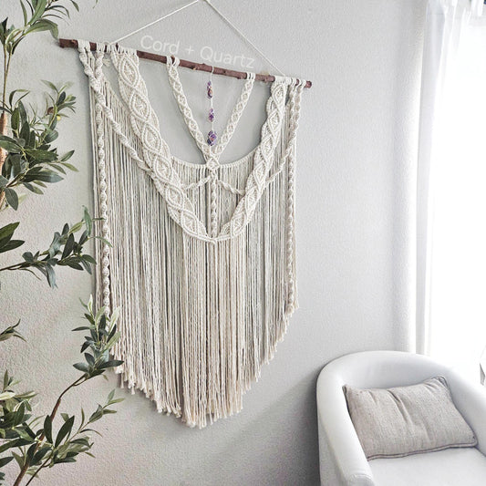 Extra large macrame wall hanging with 3 large amethyst crystals. Ready to ship.