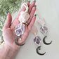 Macrame wrapped crystal rear view mirror charm. Amethyst and rose quartz. With moon charm.