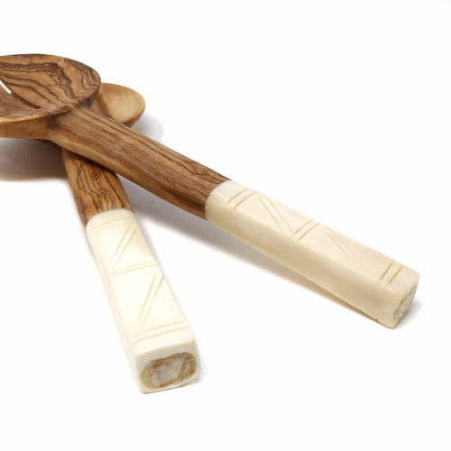 Olive Wood Salad Servers with Bone Handles, White with Square Design