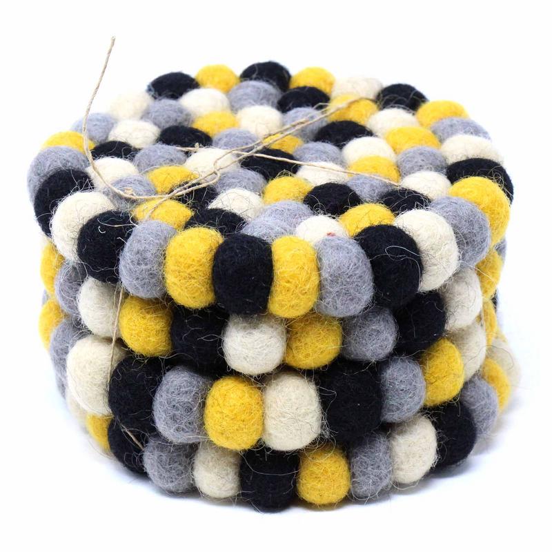 Hand Crafted Felt Ball Coasters from Nepal: 4-pack, Mustard - Global Groove (T)