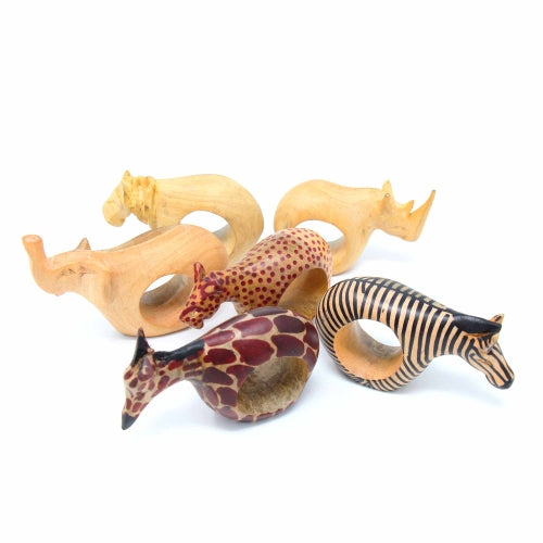 Jedando Handicrafts Set of Six Mahogany Wood Animal Napkin Rings